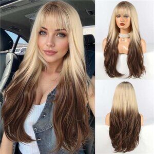 Long Blonde Mixed Chocolate Brown Wig with Bangs Layered Curly Wigs